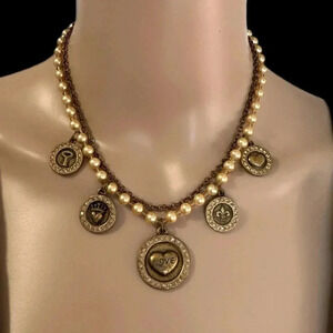 Vintage Y2K Style SISI AMBER Brass Tone Choker Necklace Rhinestone Charms Pearls